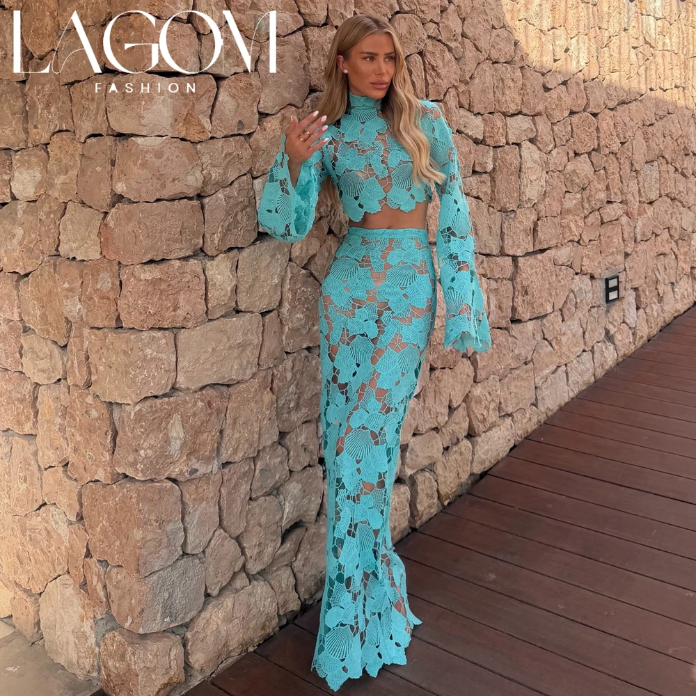 Lagom Vestido de Noche Personalizado Turquesa de 2 Piezas con Cuello Alto, Manga Larga Acampanada, Encaje y Falda Larga Estilo Sirena para Fiesta y Vacaciones شارون سعيد