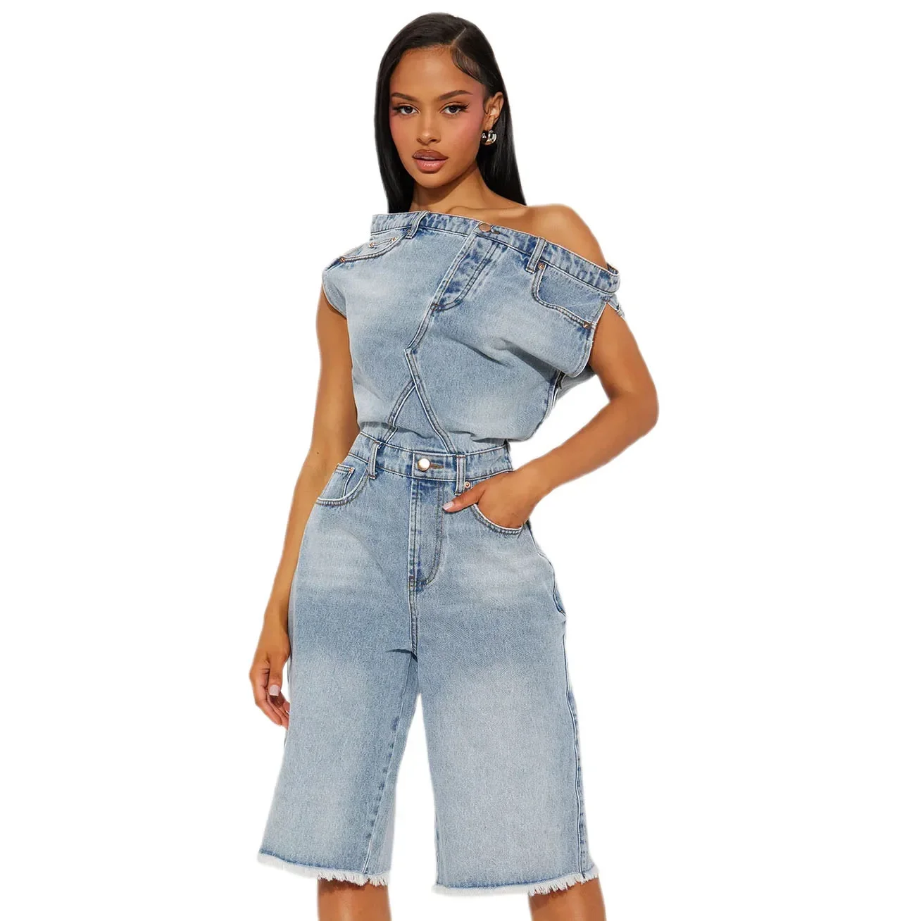 Tute corte da donna Tute di jeans Pagliaccetti Pantaloni interi Jeans elasticizzati al ginocchio Tasche lavate Streetwear femminile Estate 2025