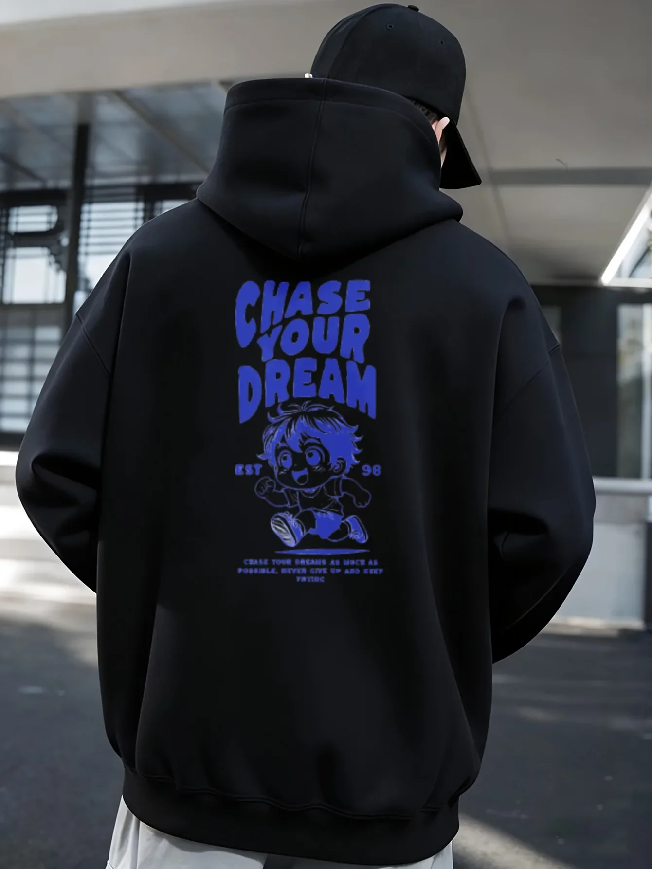 Men Winter Warm Fleece Hoodie Inspirational Chase Your Dream Cartoon Boy Back Print Oversized Loose Streetwear Pullover