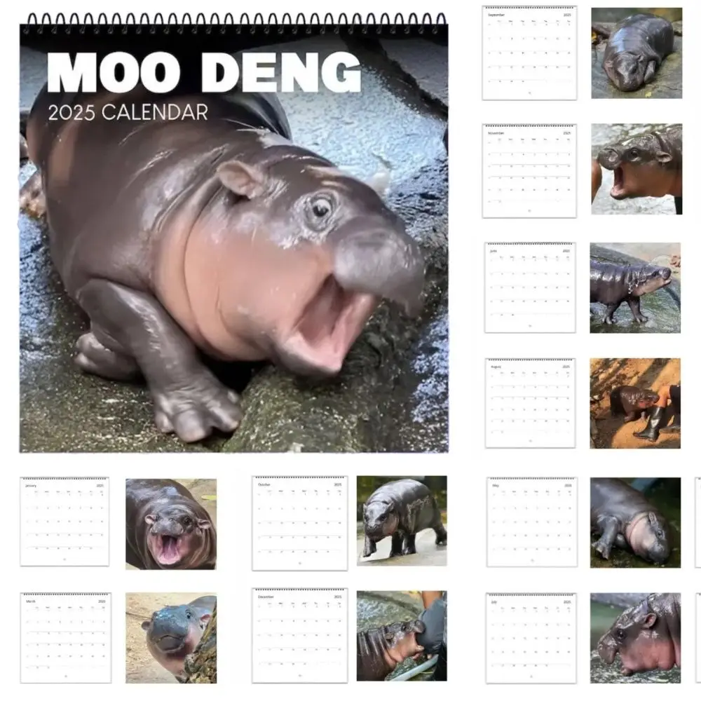 New 2025 Moo Deng Calendar Creative Hanging Hippopotamus Calendar 50pcs Copperplate Paper Baby Hippo Desktop Decoration