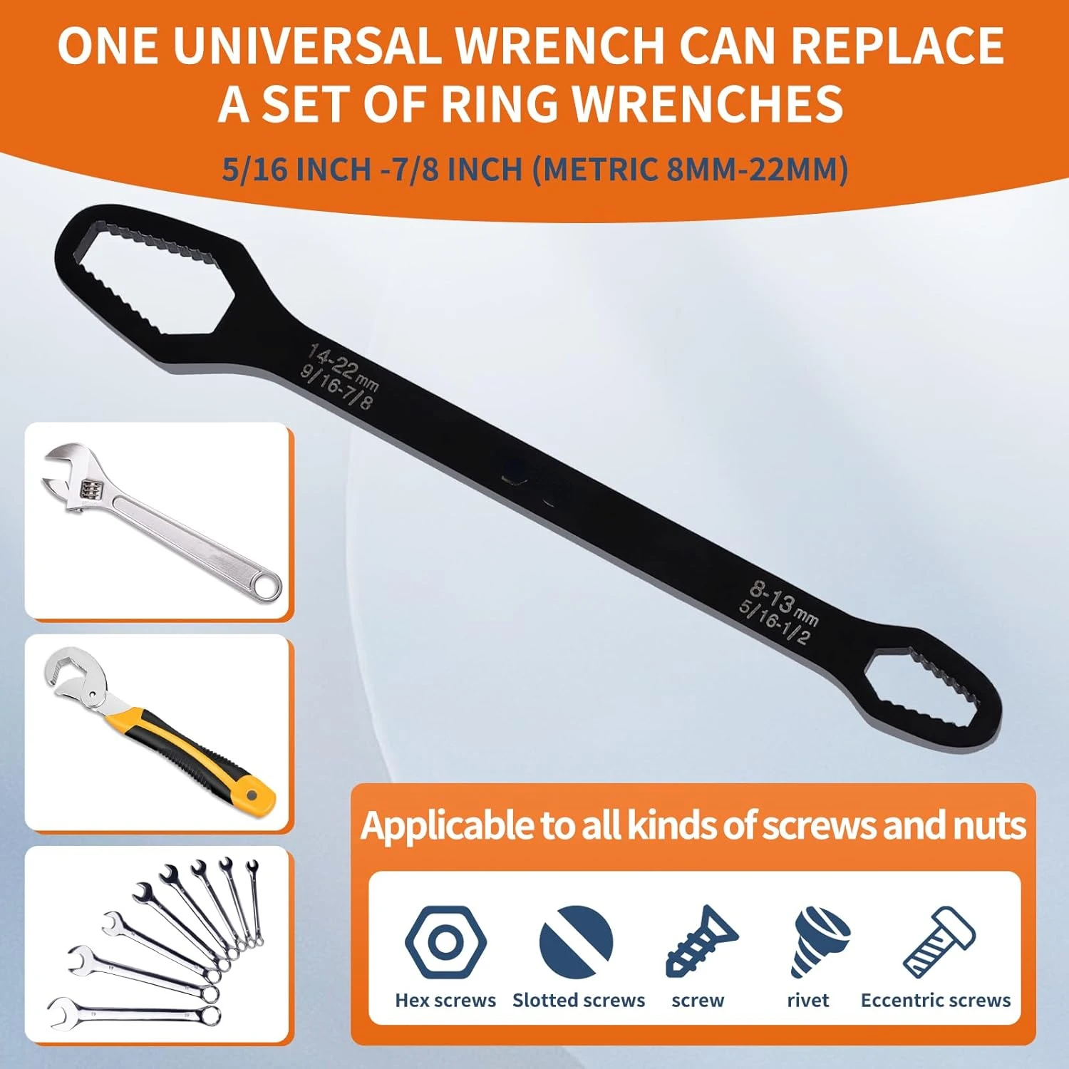 مجموعة مفاتيح ربط فضية مزدوجة الأطراف قابلة للتعديل ومتعددة الاستخدامات ومتينة لمهام الإصلاح والصيانة مقاس 5/16-7/8 بوصة. #3