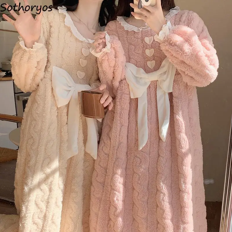 Nightgowns ผู้หญิงหลวมหวานเจ้าหญิงออกแบบโบว์นุ่มฤดูหนาวชุดนอนนุ่มอบอุ่นพลัสกำมะหยี่บ้านเลานจ์ที่สง่างามเป็นที่นิยม