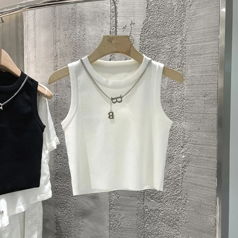 เสื้อกั๊กผู้หญิงแบบใหม่ ลายทาง ขอบกว้าง สไตล์เรียบหรู เสื้อครอปแขนกุดถักสำหรับฤดูร้อน