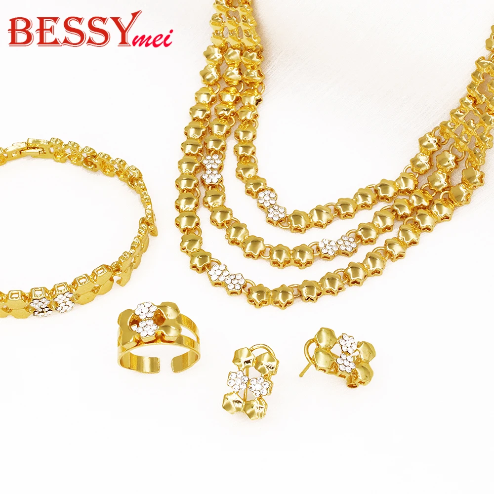 

4Pcs/Set Chain Jewelry Set For Italy Nigeria Bridal Wedding Gift 18K Gold Plated Multi Layer Zircon Necklace Bracelet Earring