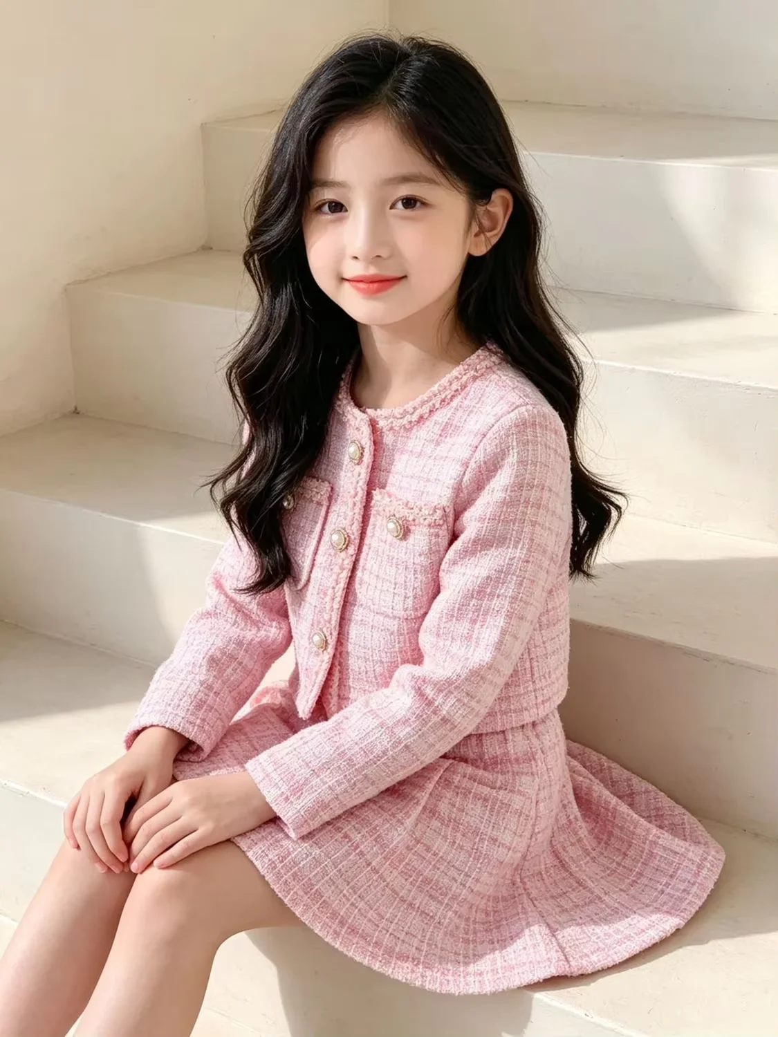 Girls 2 Piece Outfit Set Spring Autumn New Kids Sweet Pink Round Neck Jacket Skirt Suit Baby Toddler Fashion Clothing