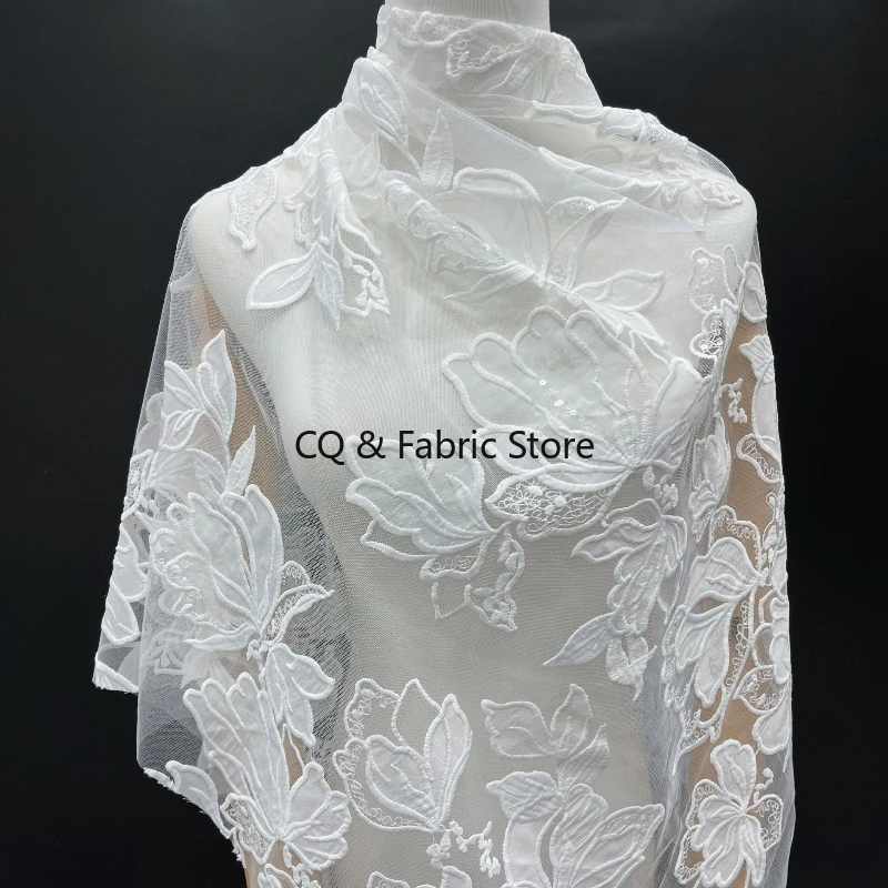 

Sequin Embroidered Lace Fabric, High-end Design, Hand Sewing, Wedding Dress, Fashion Show, Off White