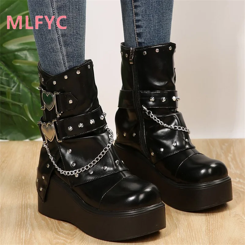 New European and American Spicy Girls Punk Belt Buckle Thick Bottom Chain Elevated Short Boots Women's Large Boots