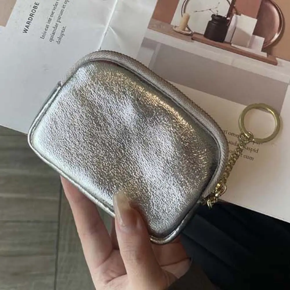 Portable Genuine Leather Silver Wallet Korean Style Mini Zipper Coin Purse Clutch Earphone Pouch Small Item Bag Men