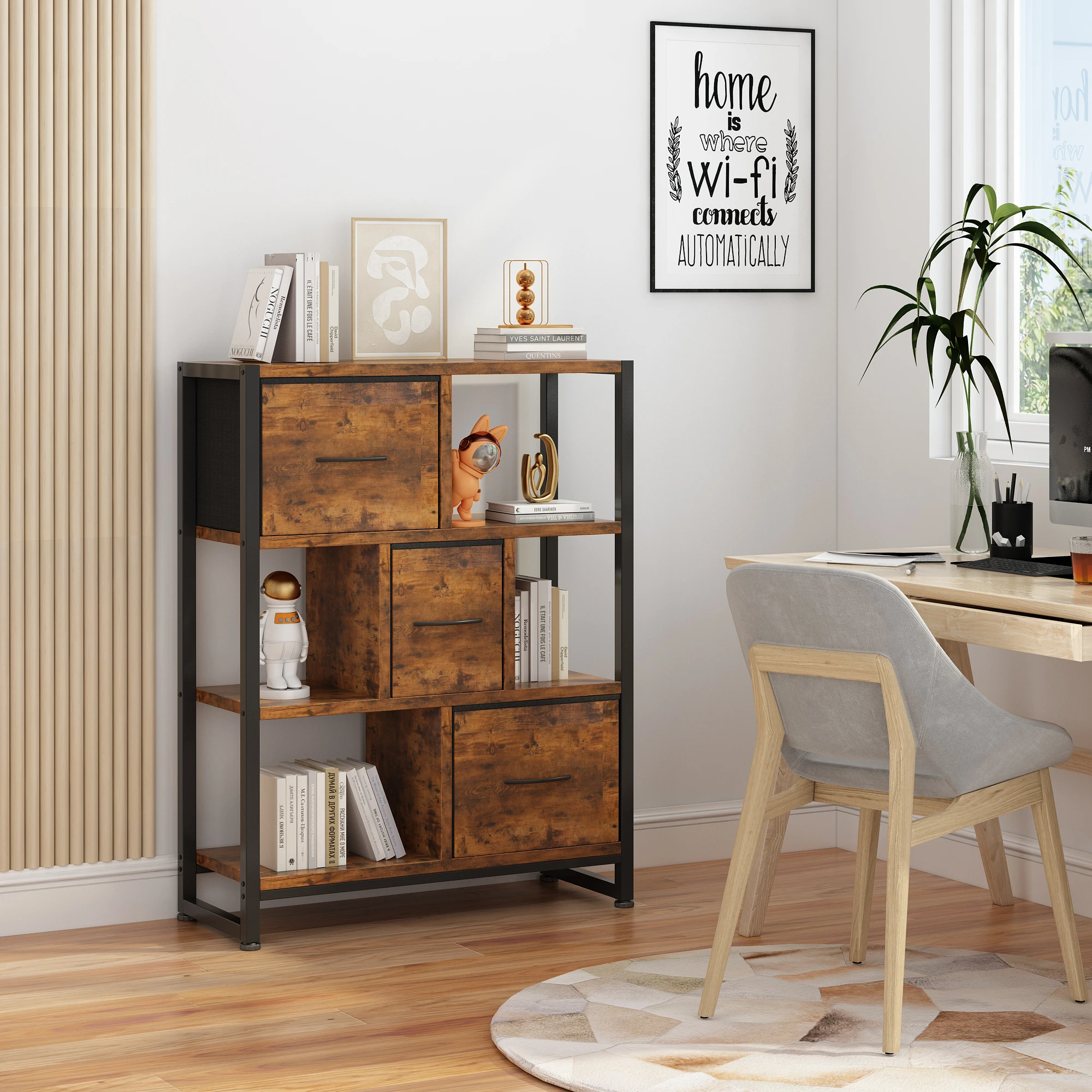 [Flash Sale]4-Layer Bookshelf with 3 High Legs Particle Board Black Iron Frame Non-Woven Fabric 80x30x103CM Retro Brown[US-W]