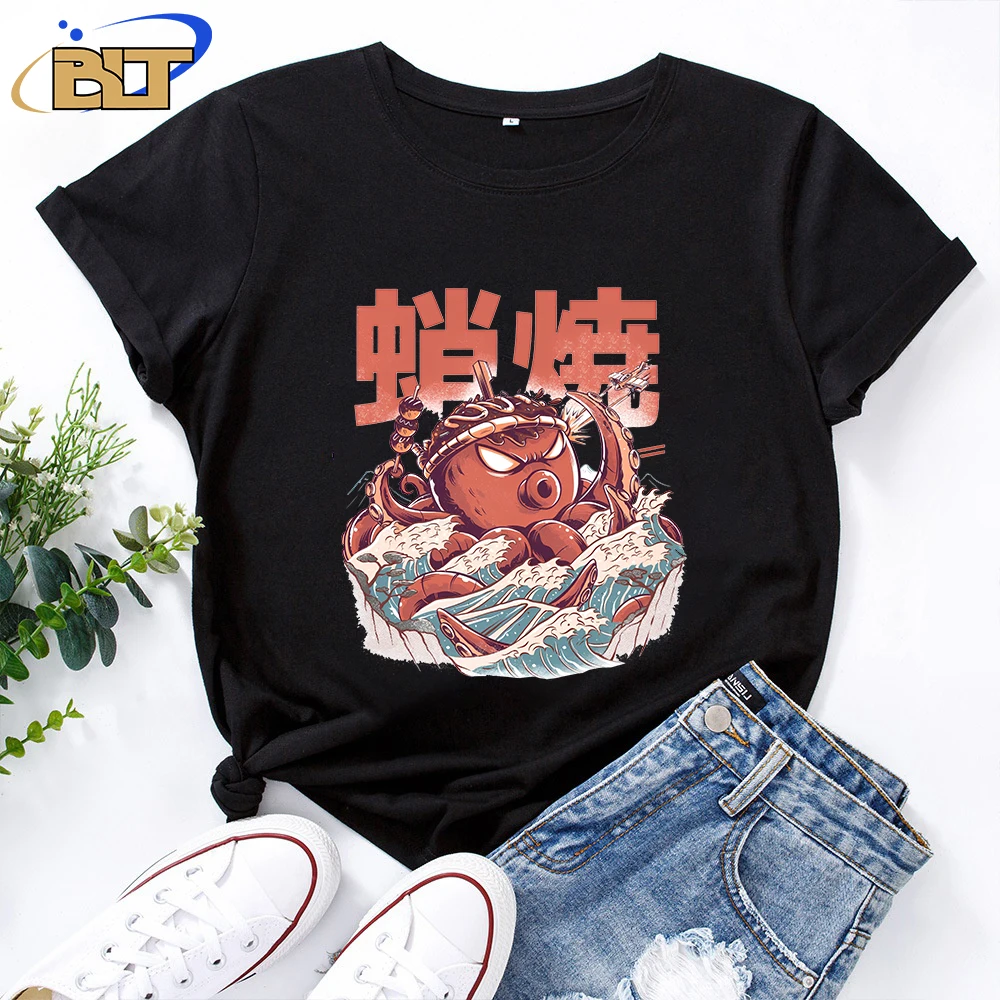 Takoyaki Attack printed women's classic T-shirt Adult novelty short sleeve personality casual top loose women's clothing