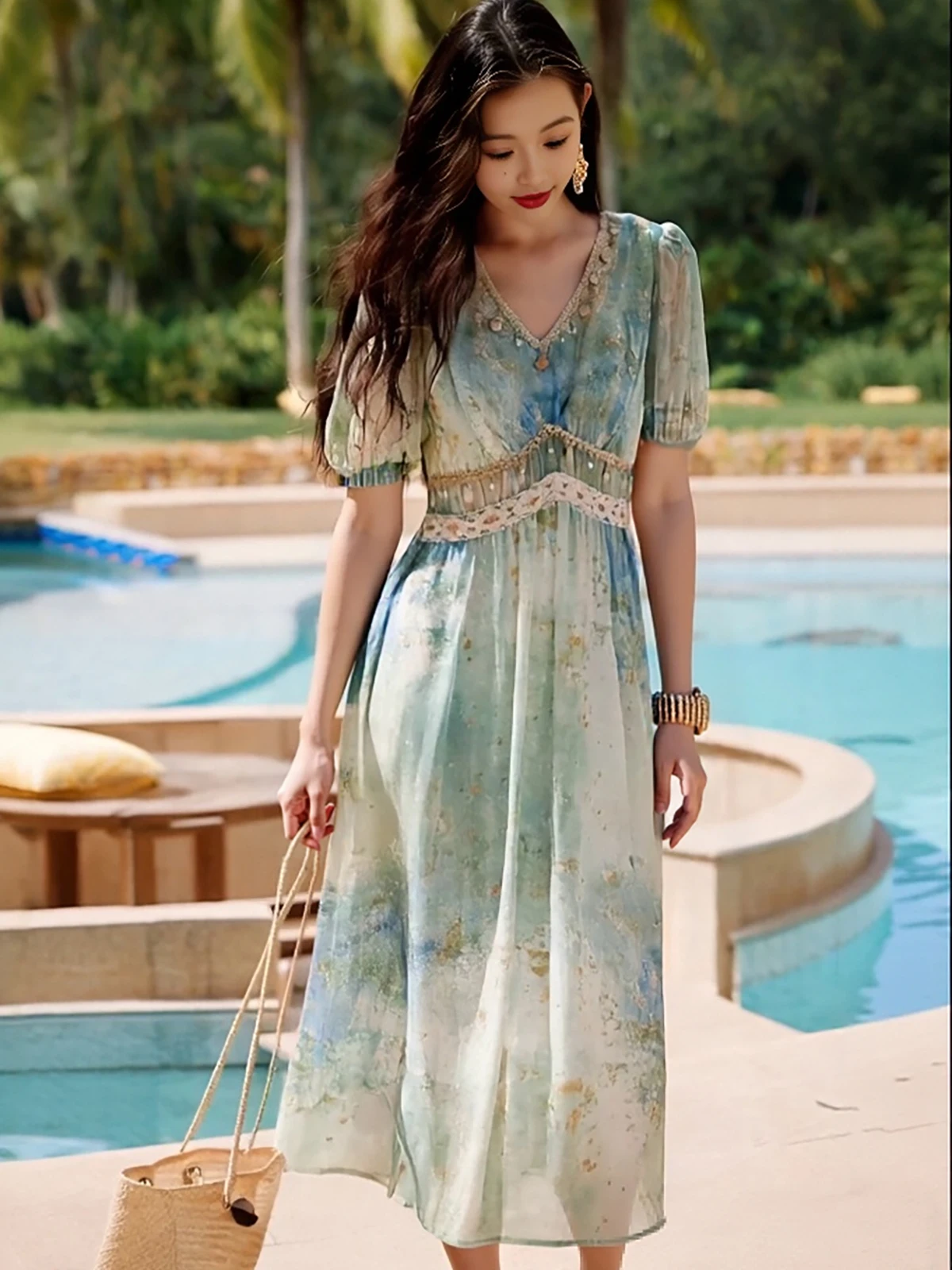 2025 صيف جديد Sle V-Ne Beach Vaion adient Color Blo Chiffon Dr المرأة البسيطة Ele Flounce هيم تجمع الخصر