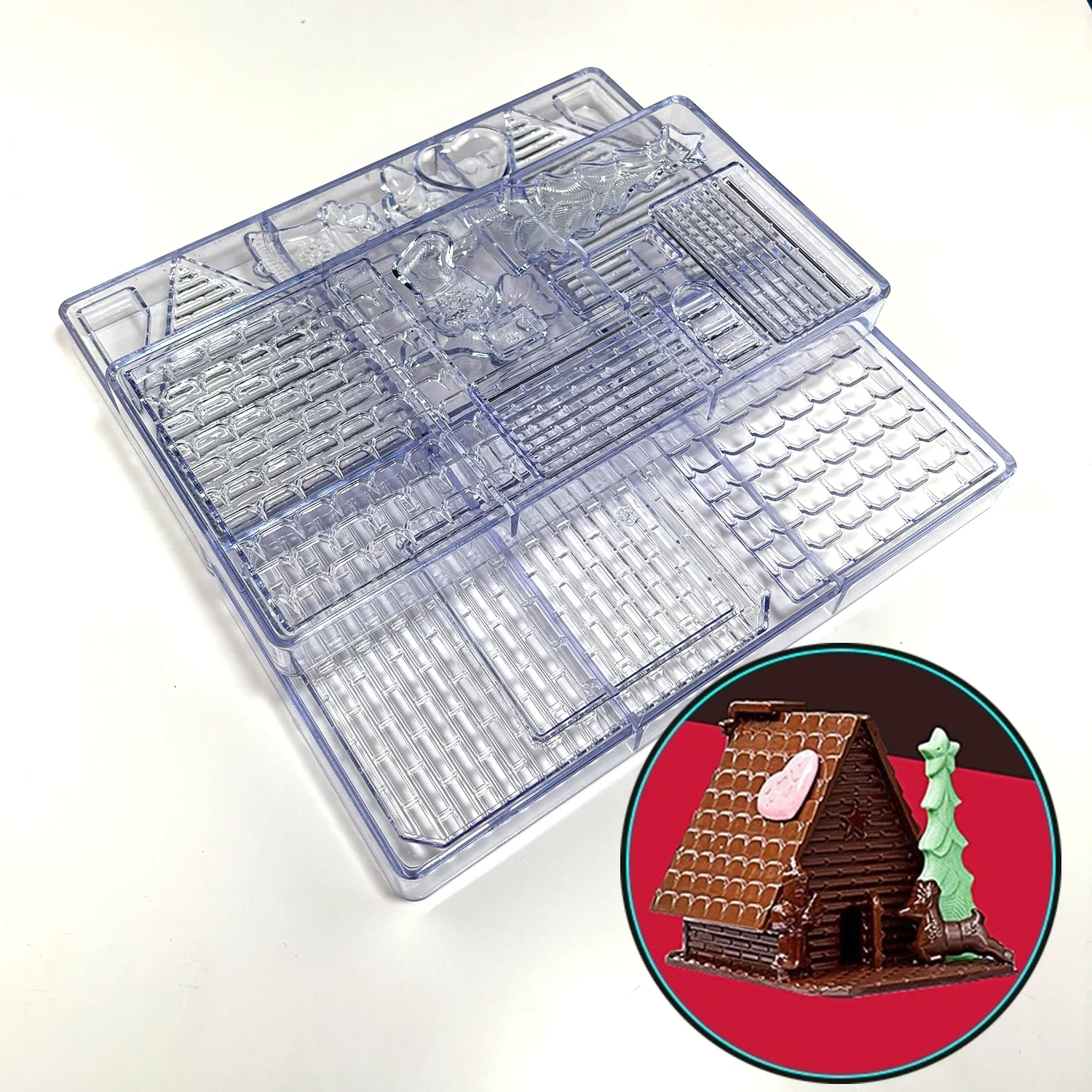3Pcs Polycarbonate 3D Christmas Santa House Chocolate Mold DIY Candy Bonbon Confectionery Pastry Baking Mould