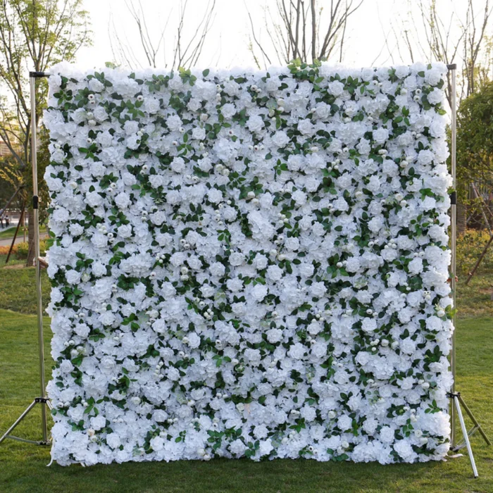 

Royal White Rose Green Leaf luxury flower wall 3D artificial peony cloth, fabric flower wall, wedding background decoration