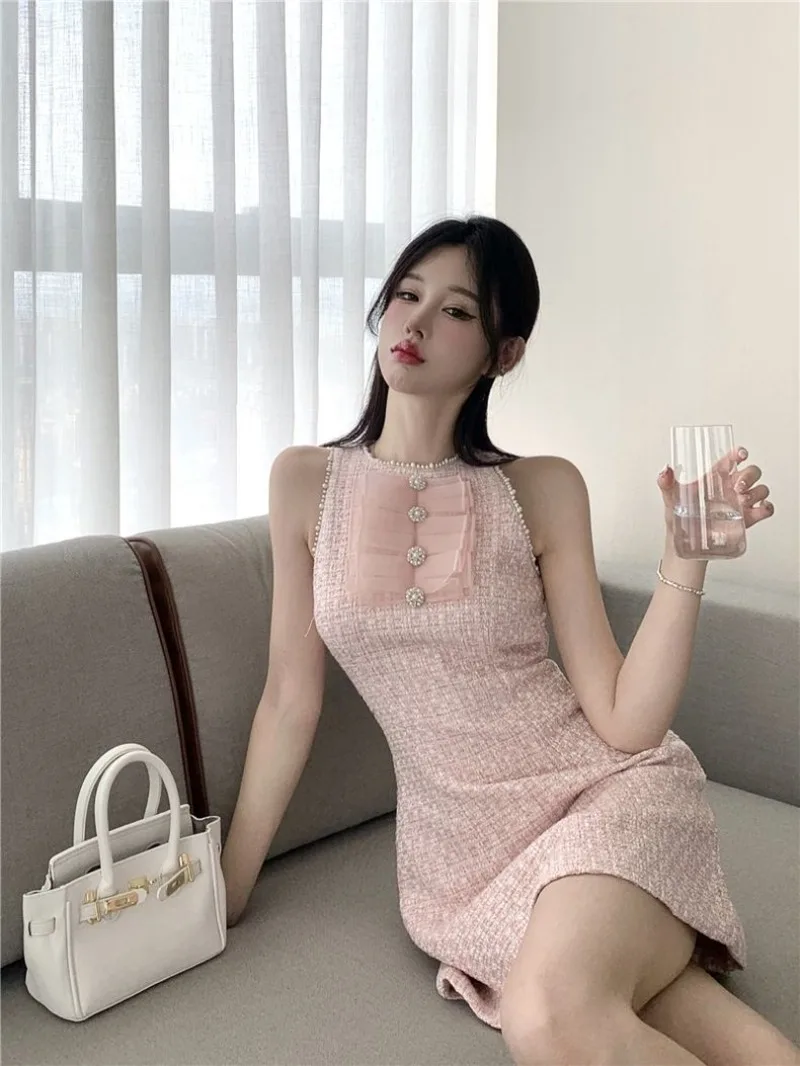 Sweet French Tweed Dress Women Korean Round Neck Beaded Spliced Bow Fragrance Sleeveless Fashion Slim Summer Temperament Skirts