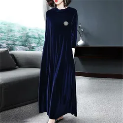Women Autumn Winter maxi velour Dresses Big size Turtleneck Sexy elegant Korean velevt Dresses Vestidos Crystal brooch 5XL 6XL