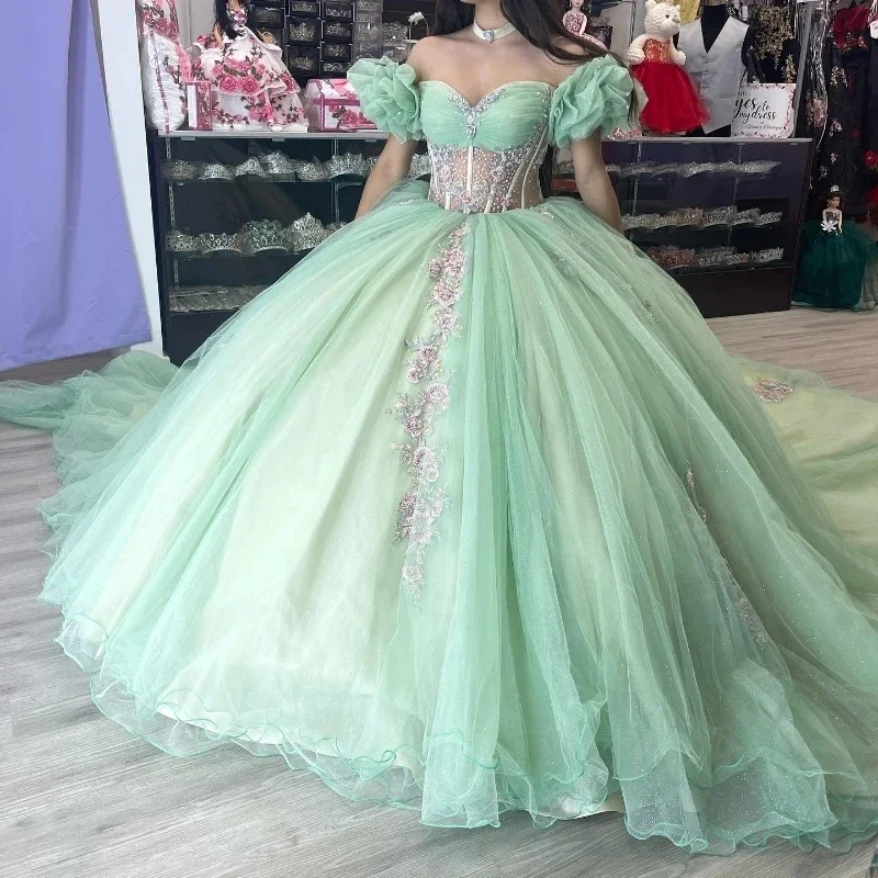 

Charming Lime Green Women Prom Dresses Off Shoulder Beads Lace Applique Ball Gown Vestido De xv Anos 16 Girl Quinceanera Dresses