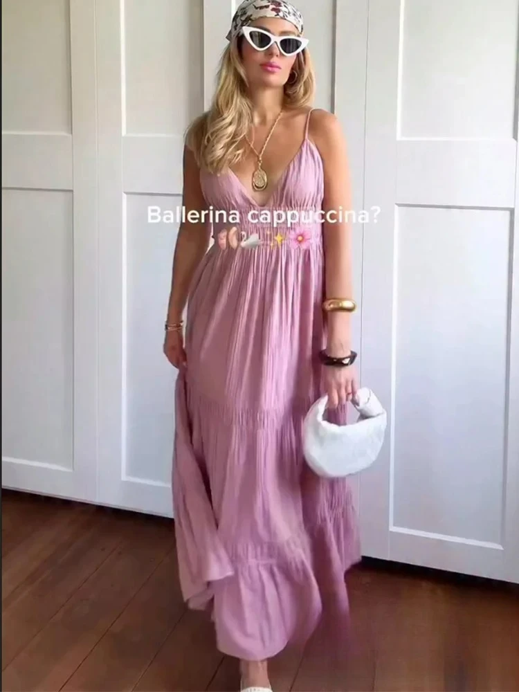 KONDALA-vestido Sexy de color rosa liso para mujer, vestido largo drapeado sin mangas, moda 2025, vestido de playa sin espalda para vacaciones de primavera y verano