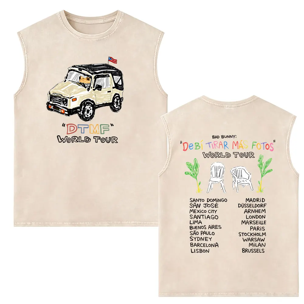 Washed Vintage Rapper Bad Bunny Tank Tops DeBi TiRAR MaS FOToS DTMF World Tour Sleeveless Vest Tees Men Hip Hop Fashion T-shirt