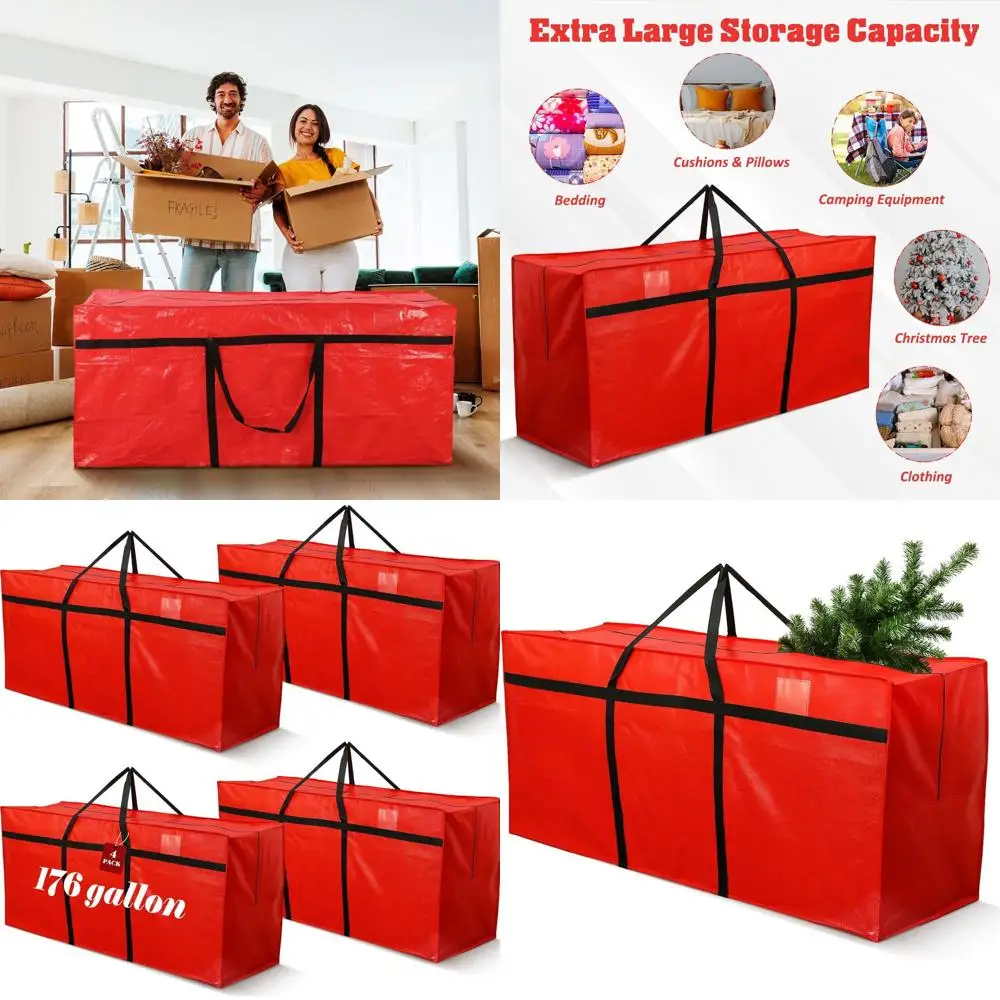 

4 Pack XXL Heavy-Duty Foldable Christmas Tree Storage Bags with Zipper & Handles, Suitable for 4-12 ft Trees (Red)