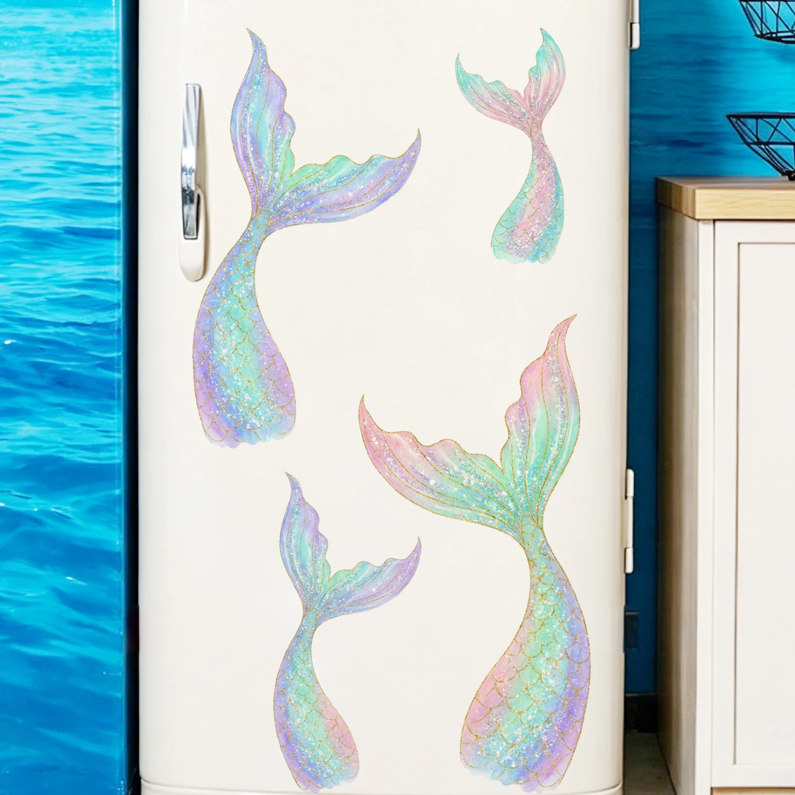 Watercolor Mermaid Tail Wall Decals, Gradient Pastel Vinyl Stickers, Removable Aesthetic Home Decor