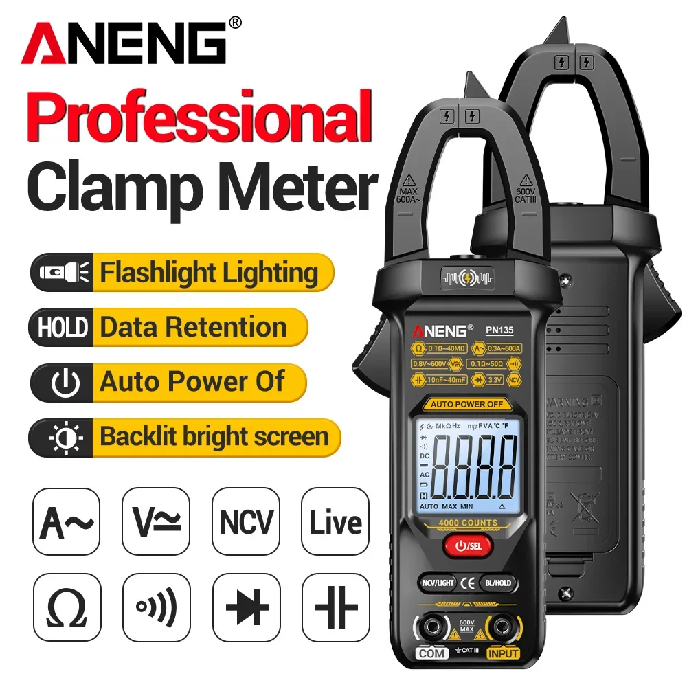 ANENG PN135 Smart Clamp Meter 4000 Counts AC DC Voltage AC 600A Current Resistance Capacitance NCV Diode Electrician Test Tool