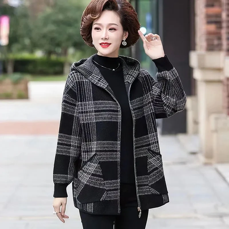 4XL Large Size Knitted Cardigan Zipper Jacket Middle Aged Mother Korean Hooded Sweater Coat Spring Fall Casual Women Plaid Tops