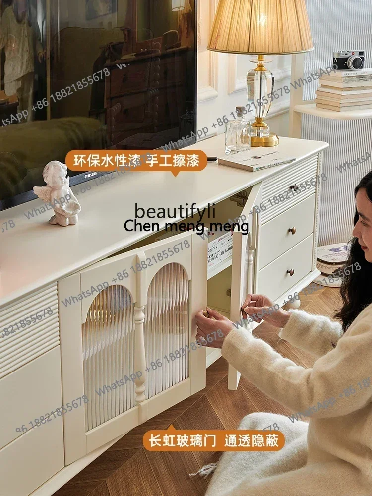 French Cream Style Solid Wood TV Cabinet White Full Log Living Room Home High Floor Type TV Stand