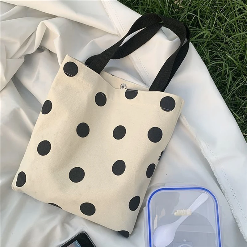 2024 Fashion Harajuku Solid Color Canvas Small Shopper Bag Women\'s Ulzzang Bag Black Large Capacity Polka Dots Shoulder Bag