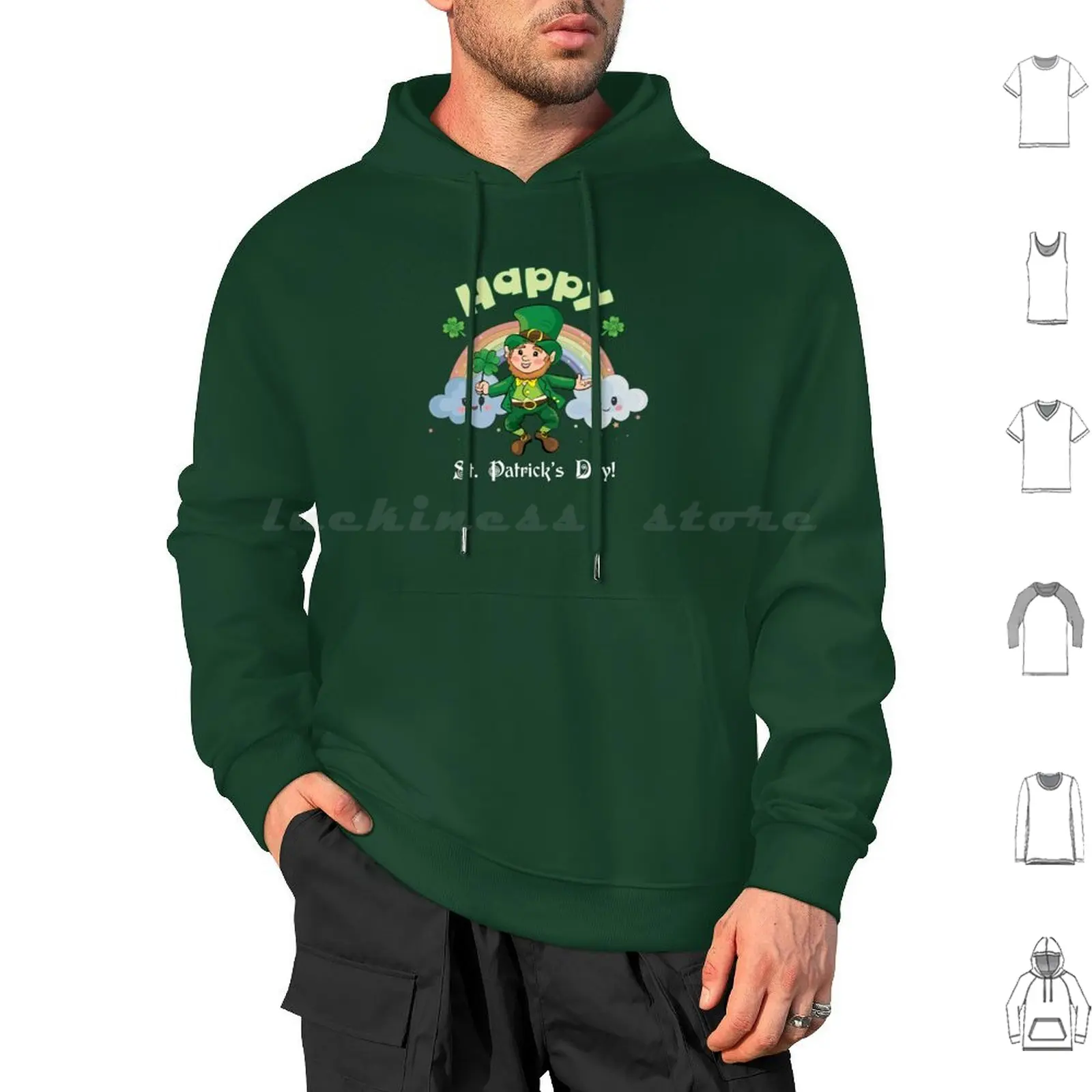 Cute Day Leprechaun With Rainbow Hoodie cotton Long Sleeve Day Green Leprechaun Shamrock Irish Lucky Clover Ireland