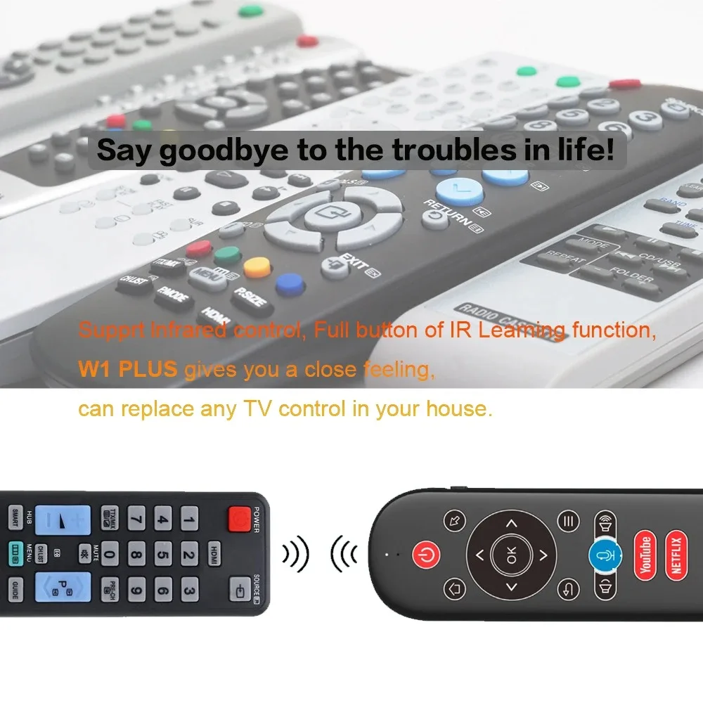 W1 PLUS Wireless Air Mouse Keyboard Mini 2.4G Backlit 6-Axis Gyro IR Learning Anti-loss Voice Remote Control for Android TV Box