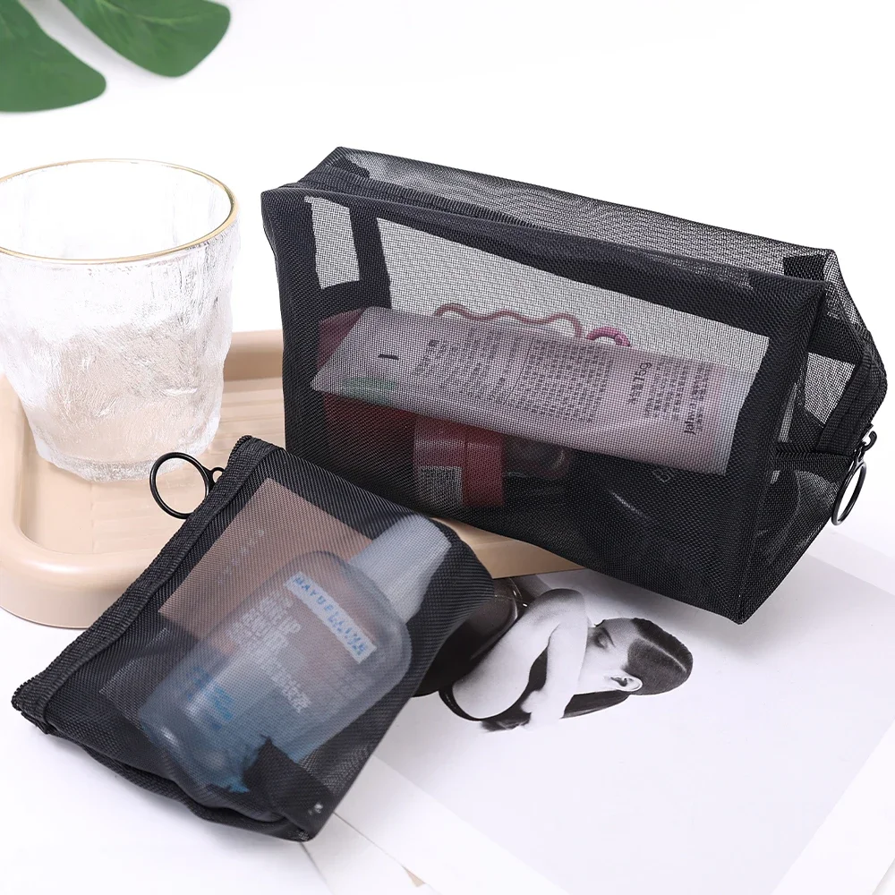 Mesh Transparent Cosmetic Bags 3Size Small Large Black Makeup Bag Portable Travel Toiletry Organizer Lipstick Storage Pouch