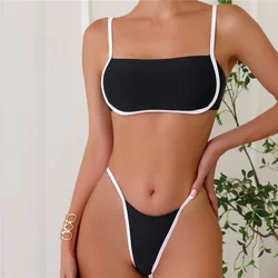 Seksowne czarne bikini bandeau zestawy Mujer mikro stringi stroje kąpielowe kobiety Mini stroje kąpielowe strój kąpielowy brazylijskie bikini z kokardą z tyłu Biquinis