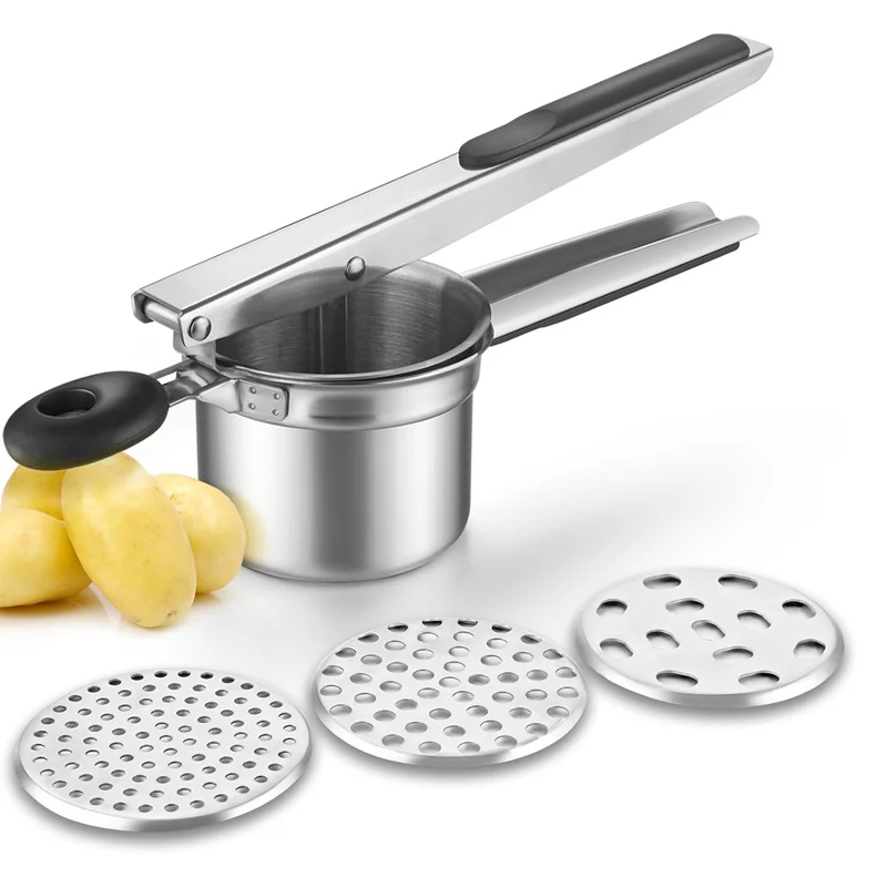 Potato masher and crusher.3 InterchangeableDiscsStainless Steel, for Fluffy Mashed Potatoes Potato Press, and Kitchen Tool for