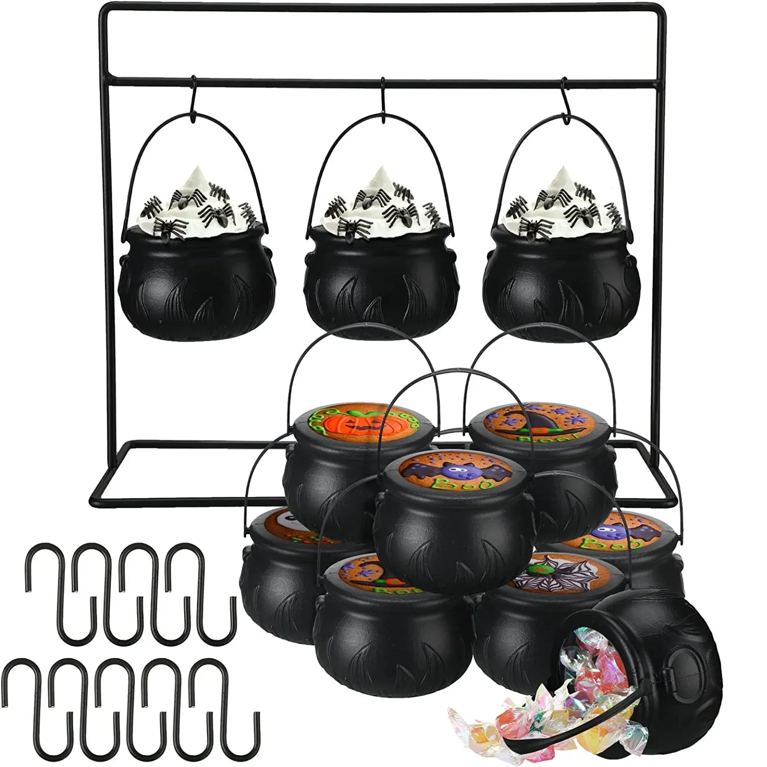 Halloween Witch Cauldron Candy Pot Set with Metal Stand Black Plastic Bowl Party Tabletop Decoration