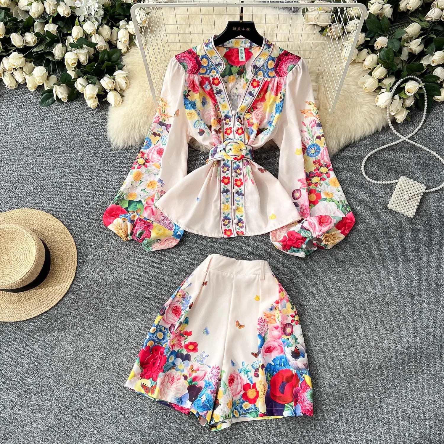 

Summer New Suit For Women Office Fashion Flower Printed Long Lantern Sleeve Shirt High Waist Belt Shorts Two Piece Set For Women