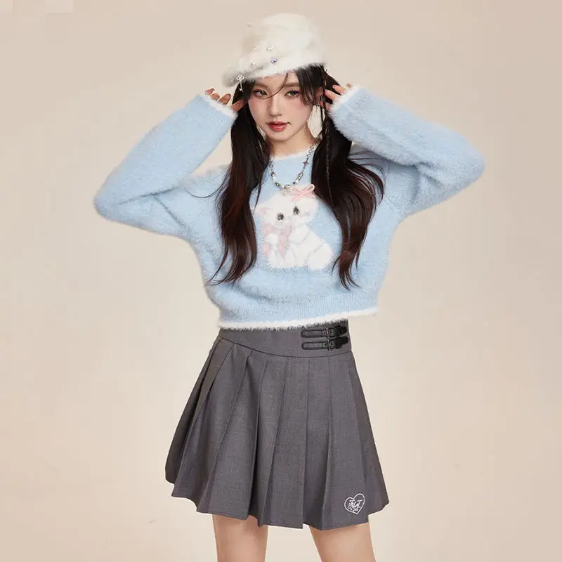 Preppy Style Cartoon Kawaii Cat Y2k Sueter Mujer Knitted Pullovers Japanese O Neck Sweaters High Waist Slim Short Sweet Women