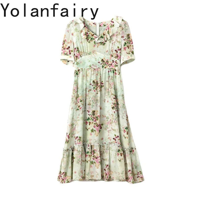 

YOLANFAIRY 100% Real Mulberry Silk Dress Woman 2025 Elegant Midi Summer Dresses V-neck Fashion Light Green Ruffled Dress vestido