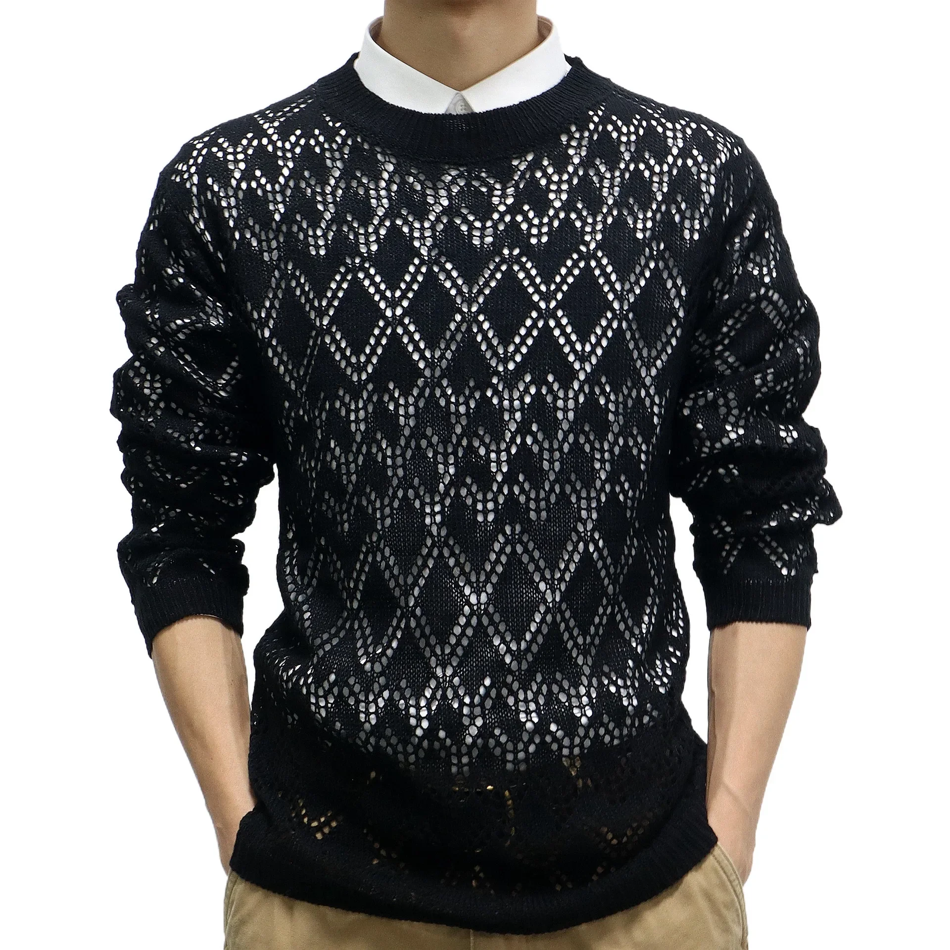 Men's Sweaters Fashion Hollow Out Thin Pullover Spring Autumn Streetwear Long Sleeve Knit Ropa Para Hombre