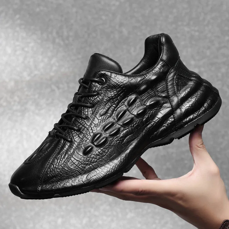 

New Shoes for Men Genuine Leather Casual Shoes Trend Crocodile Print Sport Shoes Cool Black Lace-up Chunky Sneaker