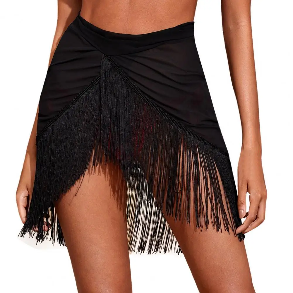 

Women Beach Skirt Irregular See-through Tassel Hem Stretchy Solid Color High Waist Soft See-through Beach Bikini Wrap