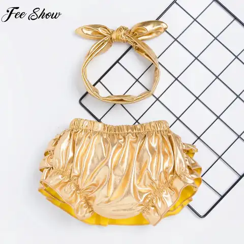 아기 소녀 메탈릭 반짝 이는 계층화 된 프릴 블루머 반바지 머리띠 기저귀 커버 데일리웨어 생일 파티 사진 의상