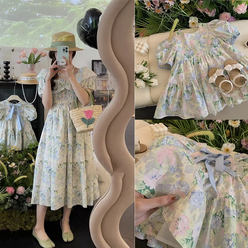 

Summer New Mother Daughter Dresses Floral Princess Puff Sleeve Dress Cotton O-neck Cute Soft Elegance Family Matching Outfits