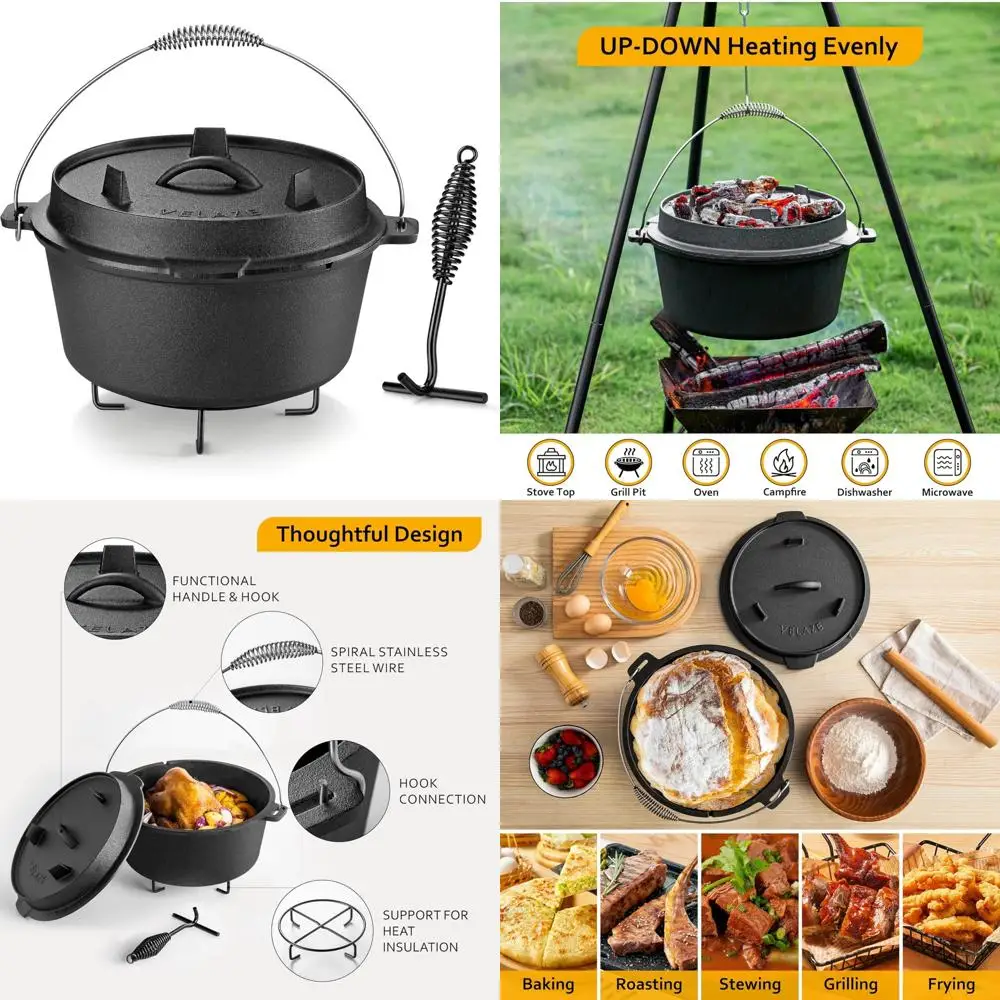 

Предварительно приправленная чугунная голландская духовка, 10-литровая походная кастрюля с крышкой, совместимая с духовкой и плитой, готовая к грилю, эссенция для приготовления пищи на открытом воздухе