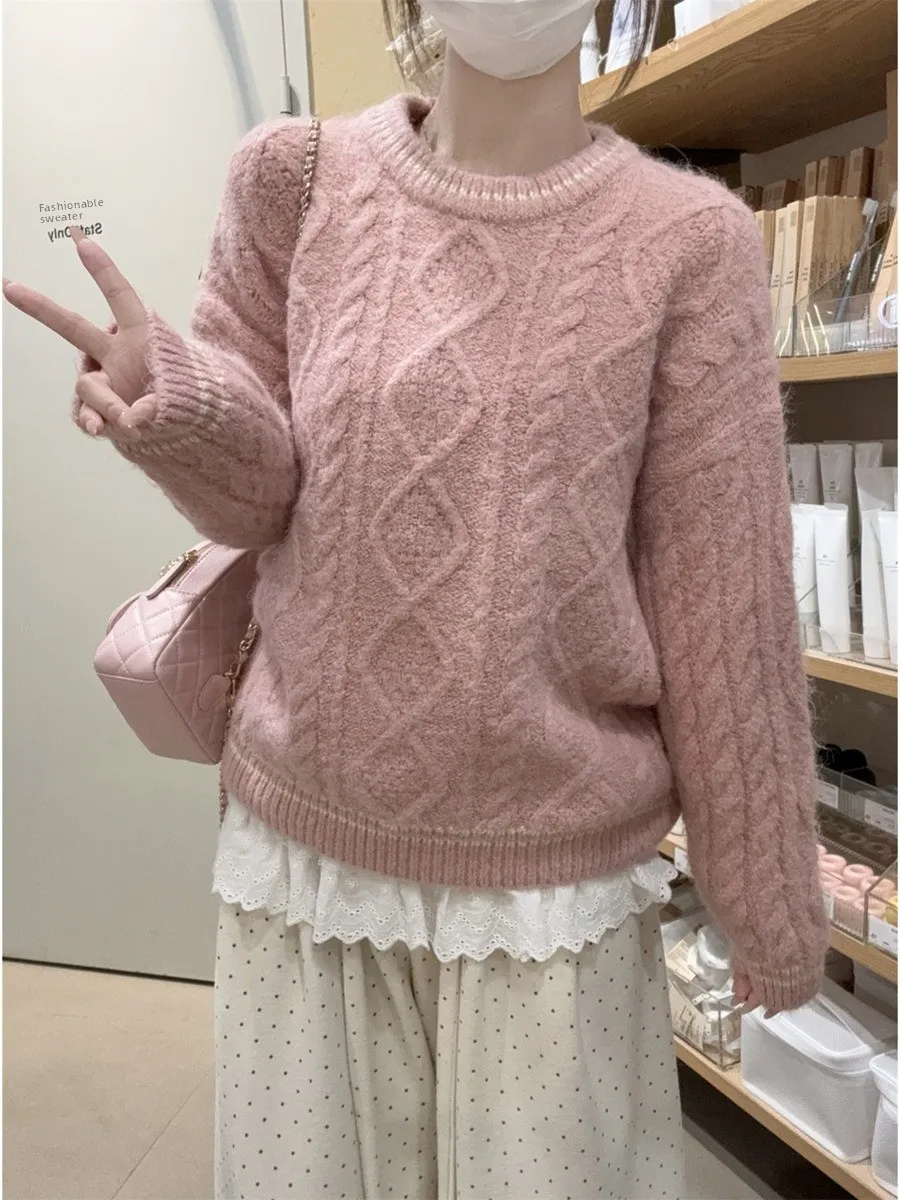 

Loose Fit Thiened Knitted Sweater Women's round Ne Pullover Soft Lazy Sle Light Pink Twist Knitwear Casual Korean Sle