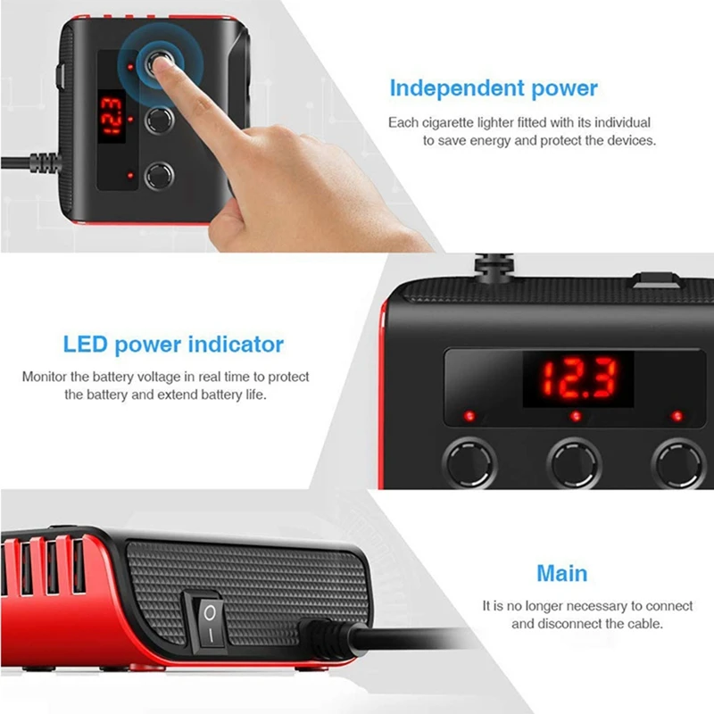 TR12 Car Lighter Triple-Evaporator With Switch Voltage Display 4 USB Car Lighter 120W Charger