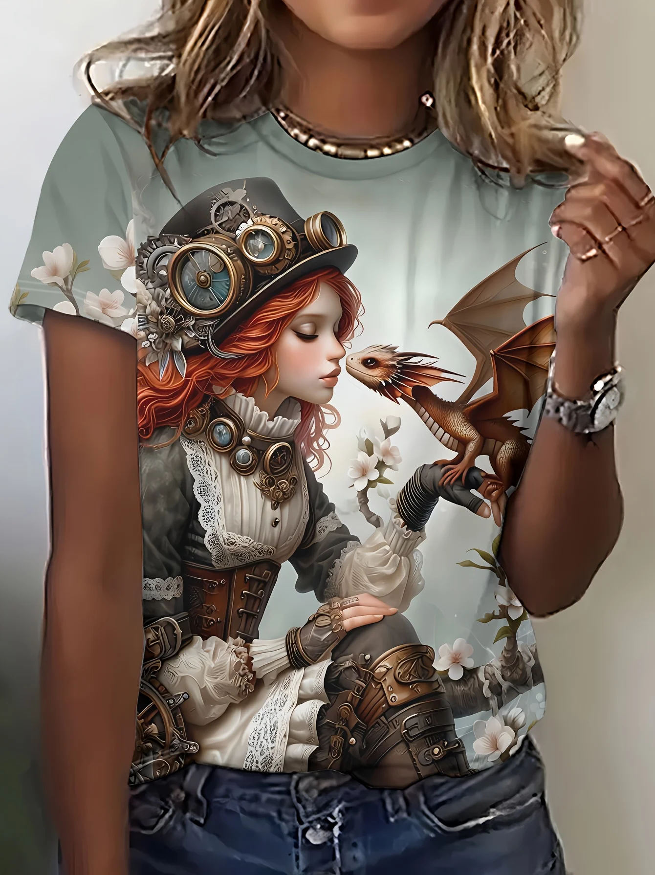 Women Crew Neck Short Sleeve T‑Shirt, Steampunk Girl With Baby Dragon Fantasy Art Graphic Tee