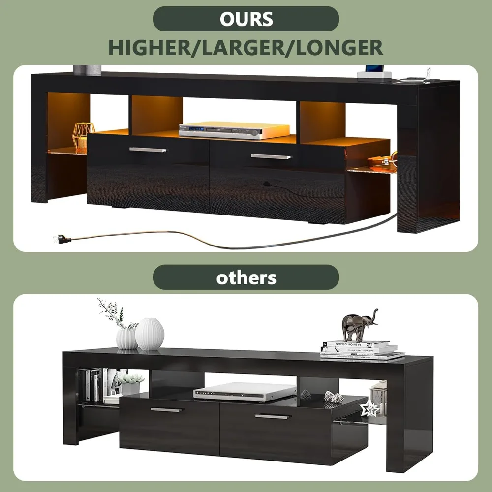 TV Stands, Modern LED Black 67 Inch TV Stand with Power Outlet and Large Storage for 67”W×14”D×20”H, TV Stands