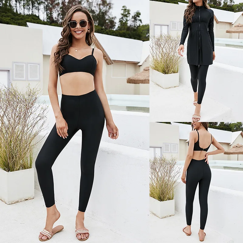 

Sexy Solid Sling Three Piece Long Sleeve Top Tights Women Arab Swimsuit New