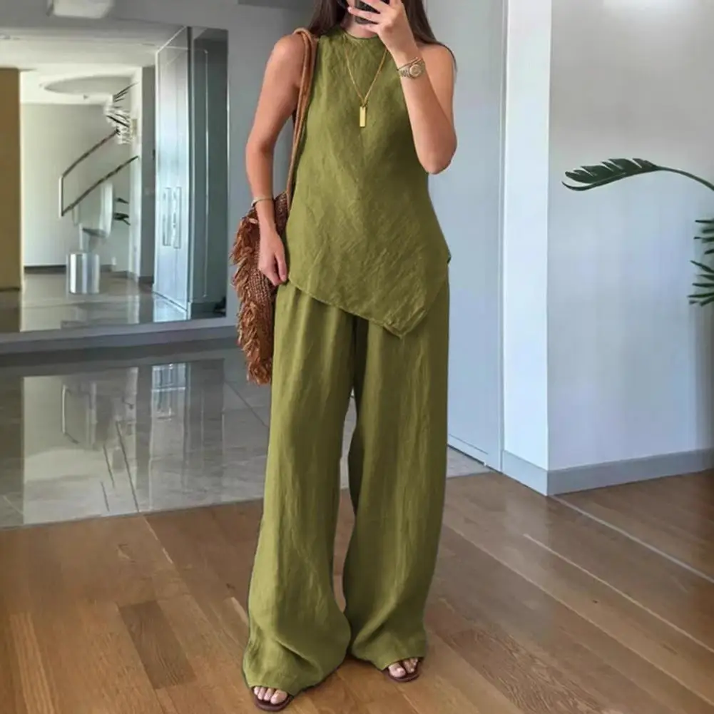 

Versatile Two-piece Outfit Stylish Women's Irregular Hem 2 Piece Lounge Set with Sleeveless Top Wide Leg Pants for Summer Casual