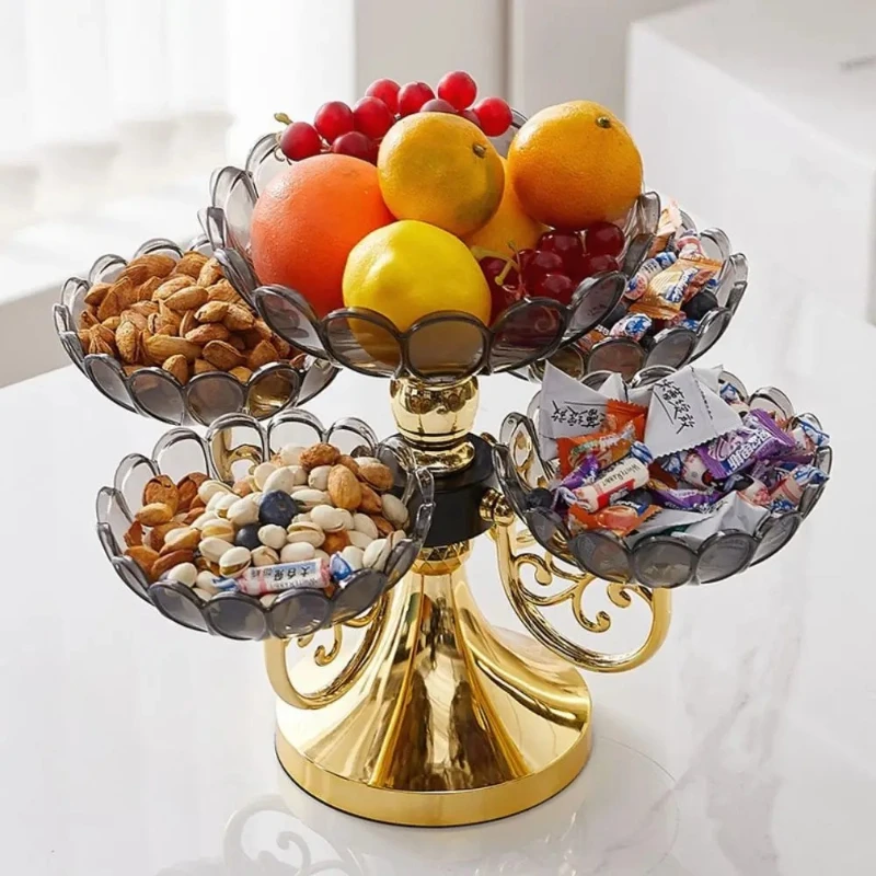 New PET Fruit Bowl Rotating Light Luxury Fruit Plate Stand with 5 Bowl Multi Layered Snack Dessert Plate Living Room